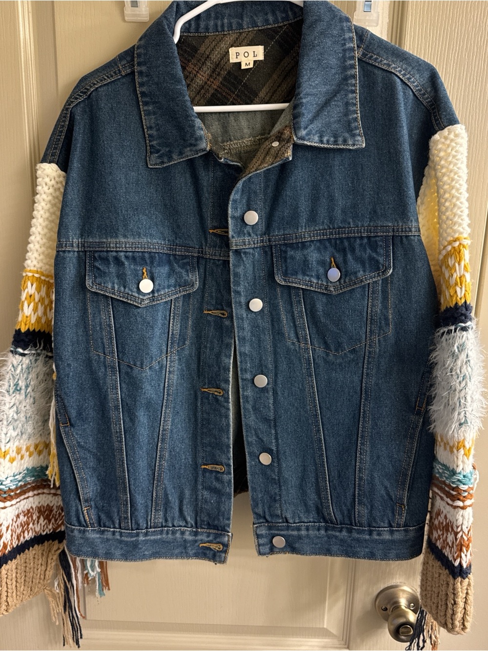 POL dark denim jean Jacket with fringe sleeves